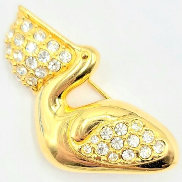 Swarovski Goldtone Clear Crystal Pelican Brooch Signed - Picture 7 of 7